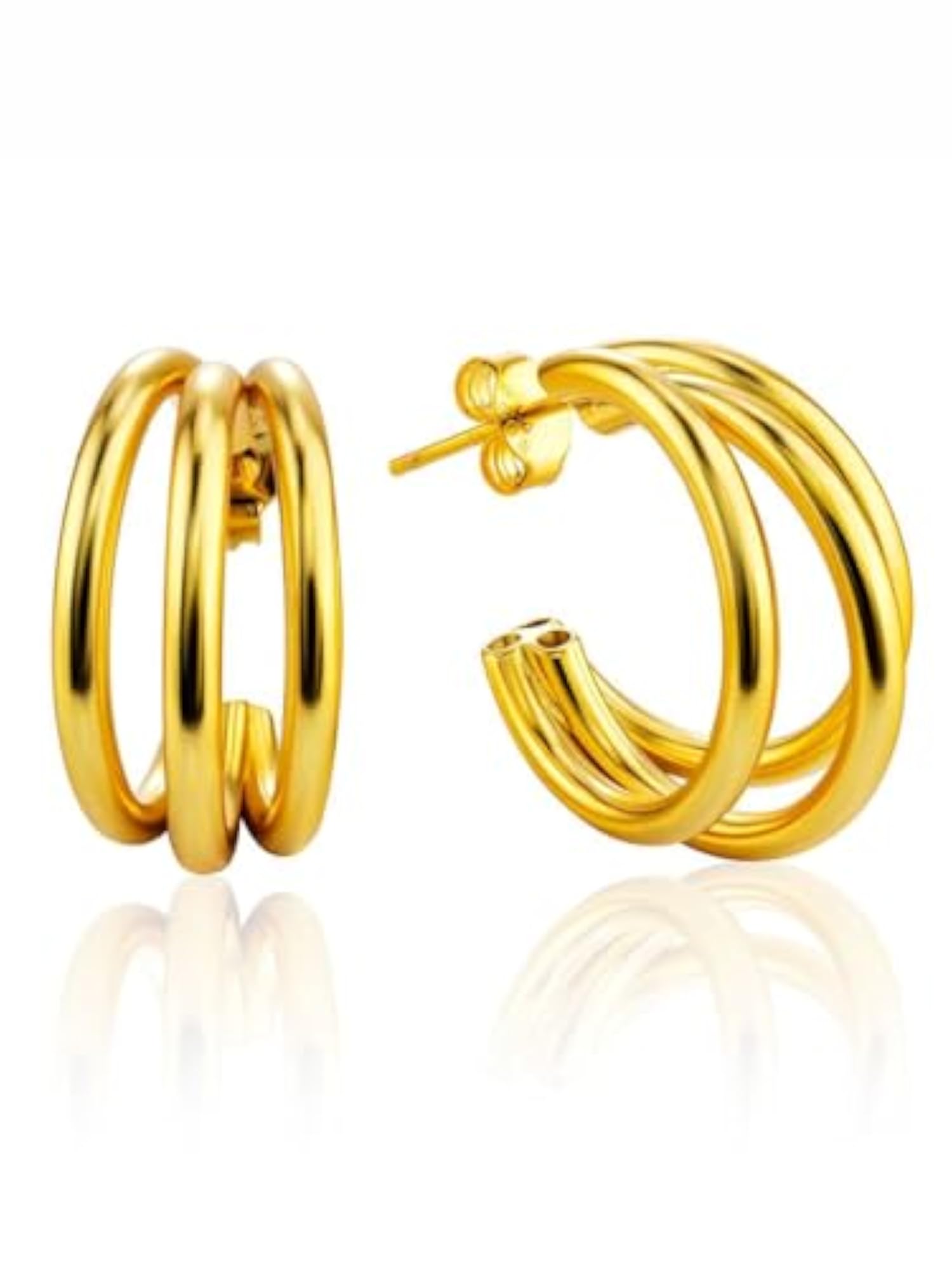 Women's Gold Plated Chunky Triple Hoop Earrings Set